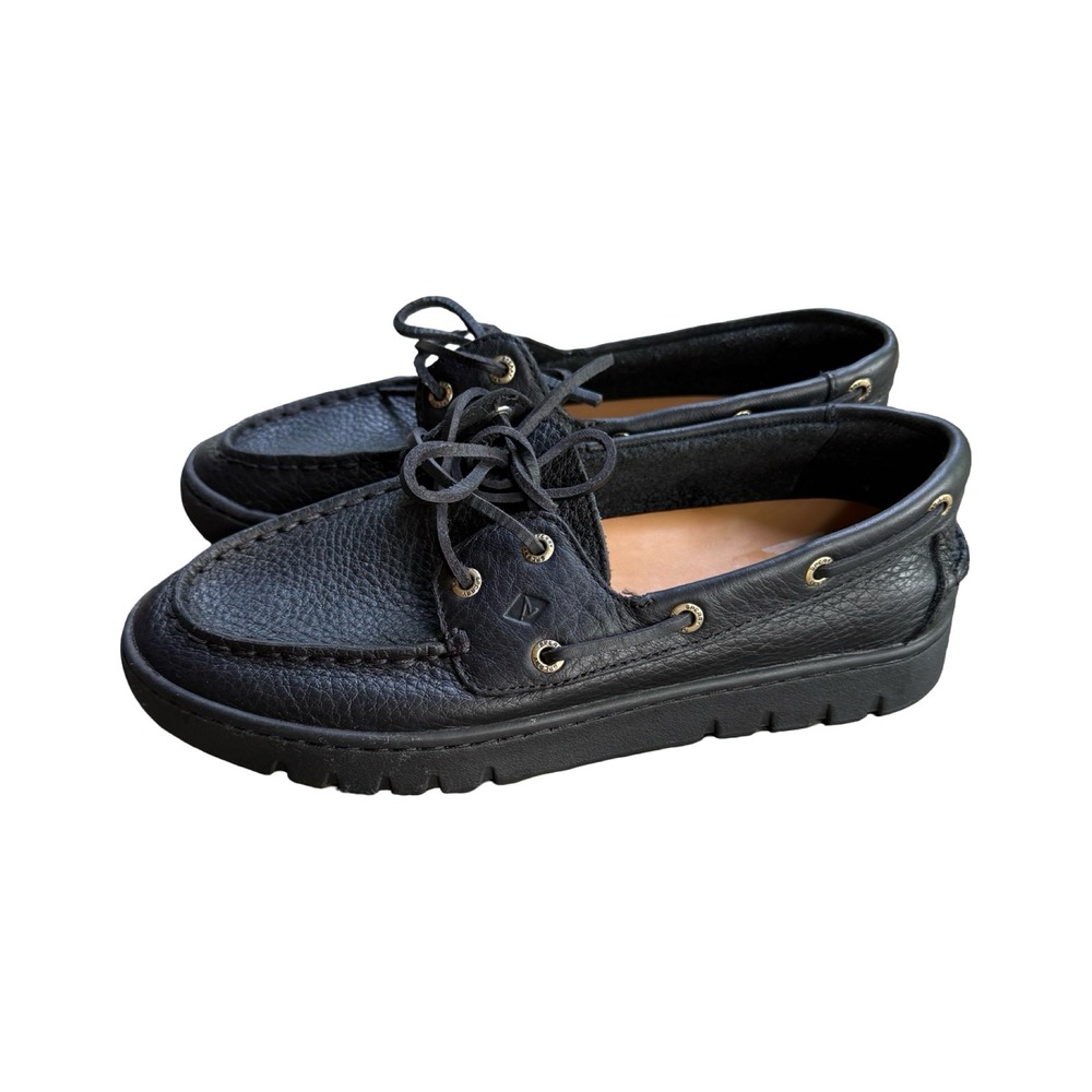 Sperry Keely Boat Shoes Womens 7.5 Black Pebbled Leather Lug Sole Loafers 104765 - Picture 5 of 8